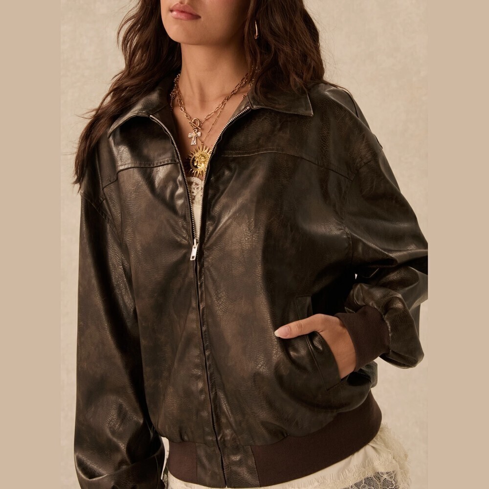 Brown Distressed Faux Leather Zip Front Ribbed Trim Bomber Jacket